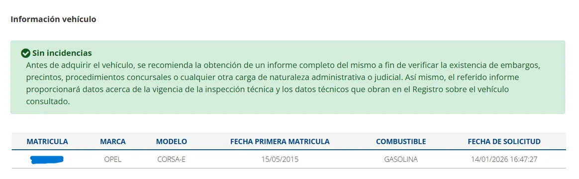Ejemplo de resultado del informe reducido de la DGT: sin incidencias