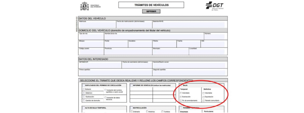 baja temporal de un vehículo